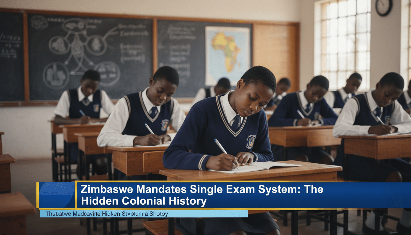 A cinematic, photorealistic news broadcast-style image. In a bright, modern classroom setting, a group of focused Zimbabwean secondary school students of African descent, wearing neat formal uniforms with sweaters and ties, are sitting at wooden desks diligently writing their examinations. The lighting is soft and professional, emphasizing a serious yet hopeful atmosphere. In the background, a chalkboard features educational diagrams and a map of Africa. Across the bottom of the frame, there is a bold, high-contrast TV news lower-third graphic with a professional blue and gold color scheme. The banner features white, legible, bold sans-serif text that reads exactly: "Zimbabwe Mandates Single Exam System: The Hidden Colonial History". The overall style is editorial photography, 8k resolution, with a shallow depth of field.