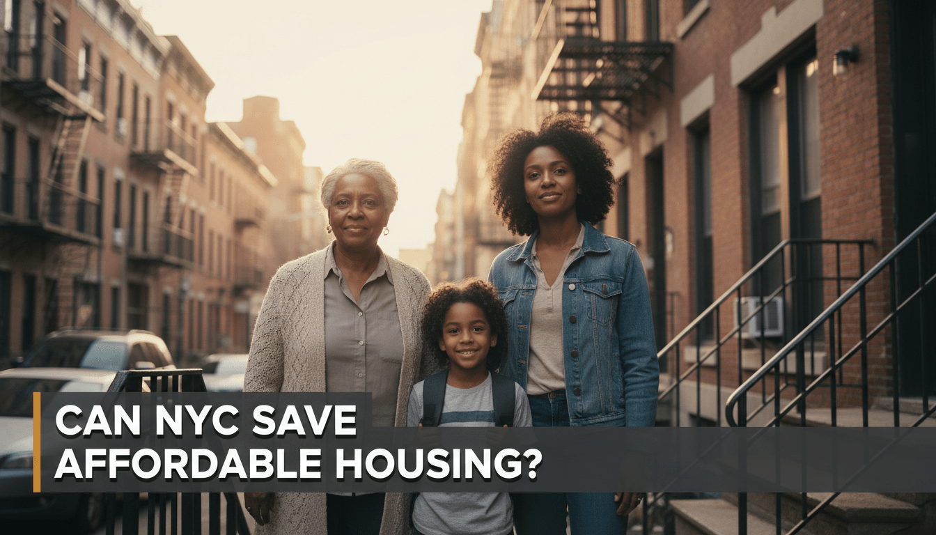 An editorial, photorealistic news graphic illustration depicting a resilient multi-generational Black and Latino family standing on the stoop of a classic brick apartment building in the Bronx, New York. A grandmother, a mother, and a child stand together with hopeful and determined expressions. The background shows a vibrant neighborhood street with fire escapes and warm golden hour sunlight filtering between buildings, captured with a cinematic shallow depth of field. Across the lower third, a bold, clean, white sans-serif text overlay reads 'CAN NYC SAVE AFFORDABLE HOUSING?' with a subtle black drop shadow, set against a semi-transparent dark charcoal banner for high contrast and perfect readability, styled like a professional TV news broadcast graphic.