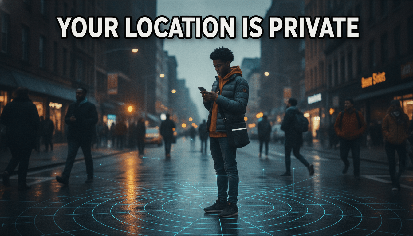 A cinematic, photorealistic editorial illustration of a young African American man standing on a vibrant, diverse urban street corner at dusk, looking thoughtfully at his glowing smartphone. Faint, elegant blue holographic GPS gridlines and geometric geofence rings are subtly projected onto the wet pavement around him, symbolizing digital tracking. In the background, a multicultural city neighborhood with warm street lamps and diverse pedestrians is softly blurred. The style is modern journalism concept-art with dramatic high-contrast night lighting and a shallow depth of field. Overlayed across the top of the image in a bold, clean, modern sans-serif font is the high-impact text: 'YOUR LOCATION IS PRIVATE'. The lettering is stark white with a sharp black drop shadow and a thin dark outline, positioned perfectly for high visual contrast and absolute readability against the dark sky.
