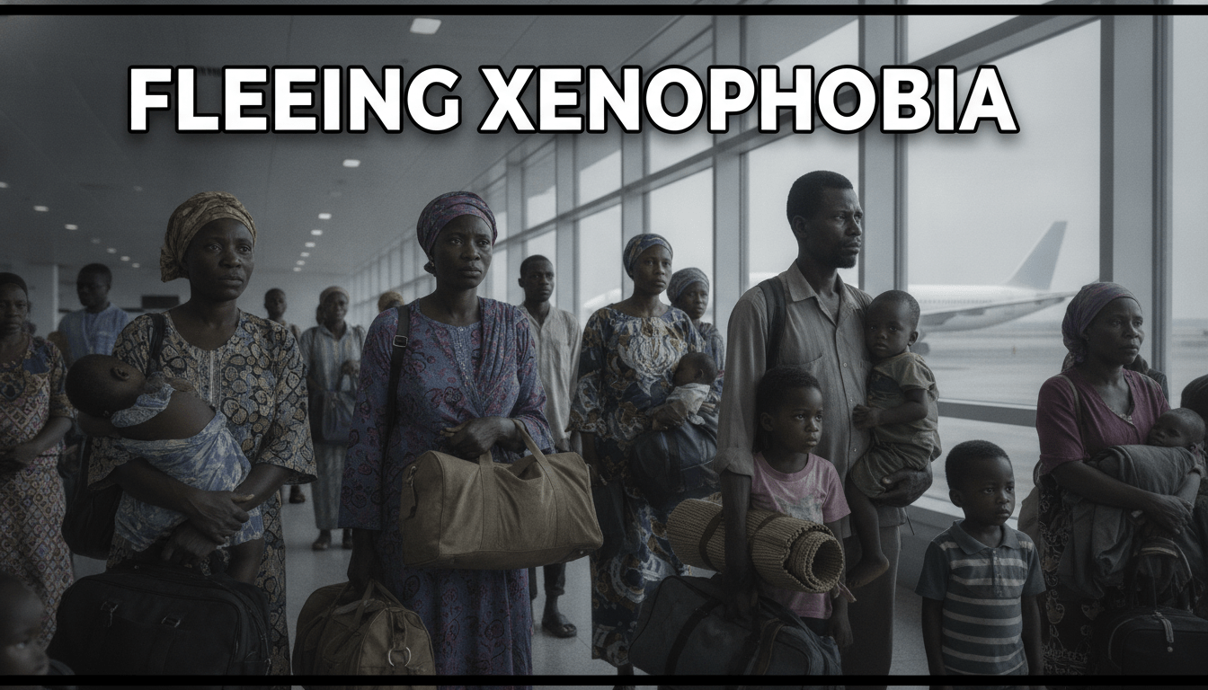 A cinematic, photorealistic image depicting a diverse group of Nigerian individuals and families, including men, women, and children of varying ages, in a modern, well-lit airport departure lounge. They appear weary and somber but also resilient, carrying modest luggage like duffel bags and backpacks. Some adults are gently comforting children, while others gaze reflectively into the distance. The individuals should authentically reflect West African demographics. Through large windows in the background, a commercial passenger jet is subtly visible on the tarmac. The overall mood conveys the human cost of forced displacement and an uncertain journey, without depicting any violence or direct conflict. Editorial style, concept-art framing. Overlay the bold, clean, sans-serif text "FLEEING XENOPHOBIA" in the upper third of the image. The text should be bright white with a strong black outline and a subtle dark drop shadow for maximum contrast and readability against the background scenery.