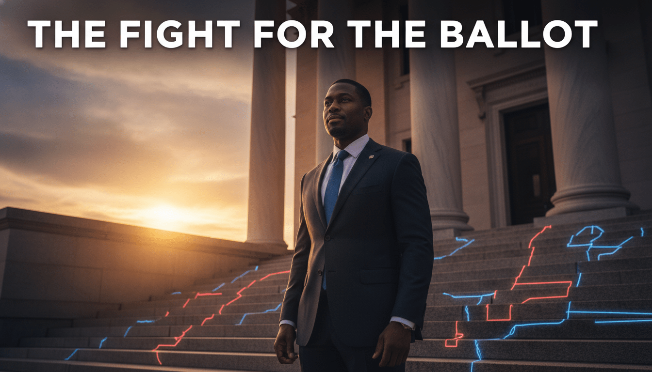 An editorial, cinematic photograph of a dignified African American man standing resolutely in the warm golden hour sunset light on the historic stone steps of an Alabama courthouse. In the background, soft-focus marble columns rise under a dramatic twilight sky, with abstract, faint glowing red and blue neon lines resembling a gerrymandered congressional map subtly projected across the stone steps. The man is captured in a waist-up shot, looking forward with quiet determination and hope. At the top of the frame, the high-impact text overlay reads 'THE FIGHT FOR THE BALLOT' in a bold, clean, stark white sans-serif font, styled with a subtle black drop shadow and positioned against a soft, dark top-gradient for perfect visual contrast and readability.