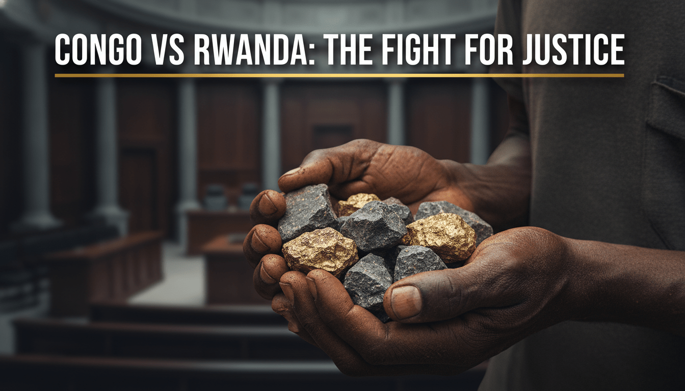 A cinematic, photorealistic editorial illustration depicting the tension between mineral wealth and international law. In the foreground, the camera focuses on the weathered, soil-dusted hands of a Black Congolese man holding raw, dark coltan stones mixed with specks of glittering gold ore. In the softly blurred background, a solemn and grand international courtroom with dark wood paneling and elegant pillars is visible under cool, dramatic lighting. At the top of the frame, the text "CONGO VS RWANDA: THE FIGHT FOR JUSTICE" is written in a bold, clean, modern sans-serif typeface. The text is rendered in a highly-visible bright white with a distinct dark drop shadow and a thin gold outline, ensuring perfect readability and strong contrast against the background.