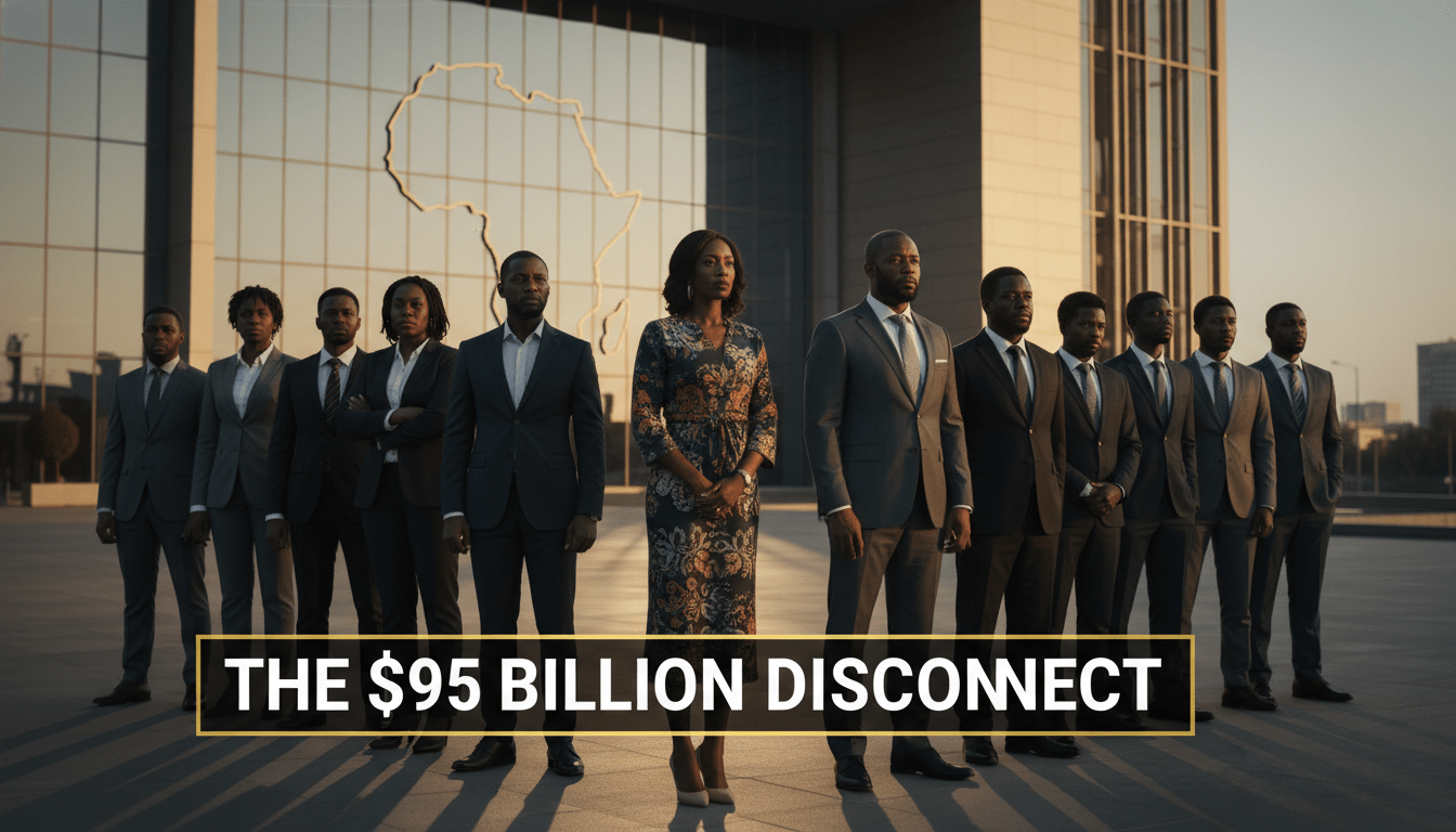 An editorial, cinematic photo of a group of diverse Black professionals representing the global African diaspora, standing outside a modern, sleek international government headquarters. The architectural facade of the building features a subtle, elegant geometric outline of the African continent. The scene is shot during a warm golden hour, with sunlight casting long, dramatic shadows and illuminating the thoughtful, determined expressions on their faces. The composition is clean and journalistic. In the lower-third of the image, there is a bold, high-contrast text overlay in a clean sans-serif font that reads "THE $95 BILLION DISCONNECT" in crisp white with a subtle gold accent and a soft drop shadow, ensuring perfect readability and professional news broadcast quality.