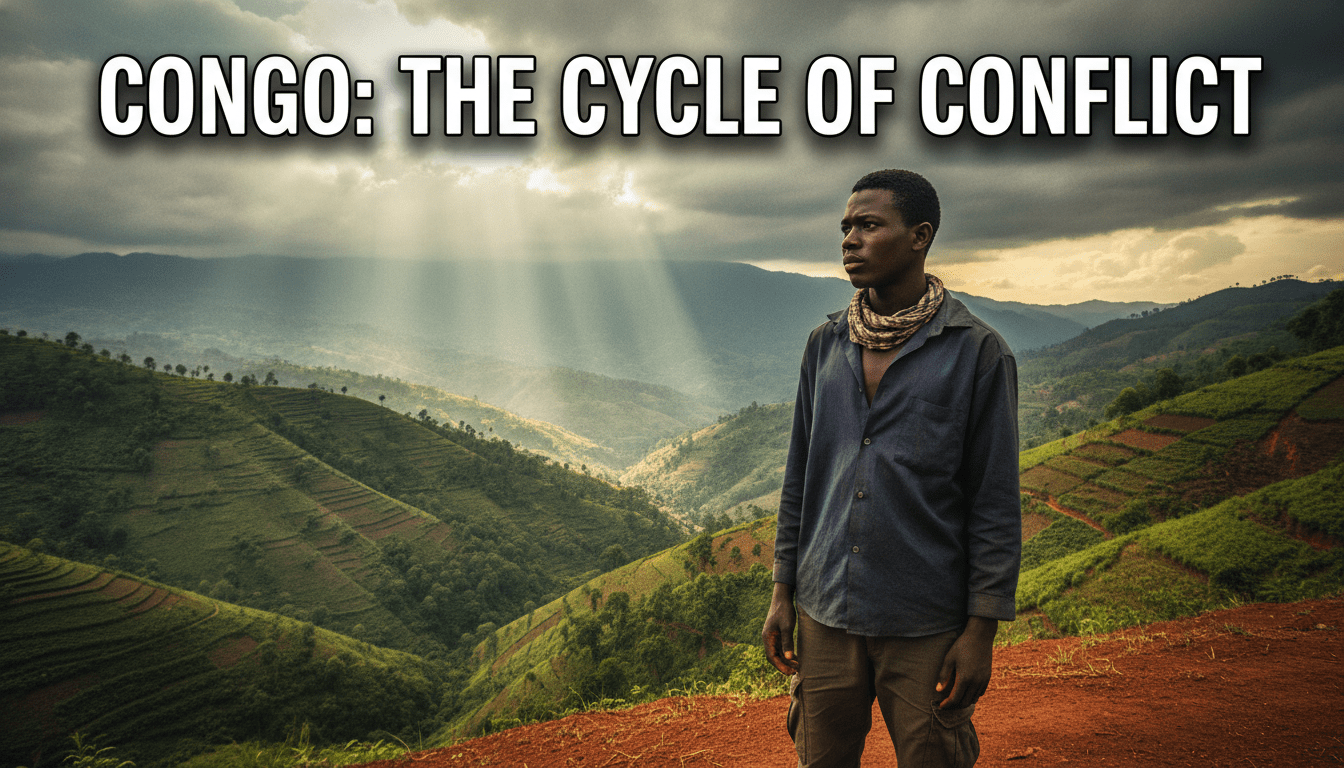 A powerful, cinematic editorial photograph of a young Central African man with a resilient and thoughtful expression, standing on a hillside overlooking the sweeping, green, terraced mountains of the eastern Democratic Republic of the Congo. The background features a dramatic, overcast sky with sunbeams breaking through, casting light onto the rich red earth. Shot on a 35mm lens with a shallow depth of field, evoking modern journalism style. Across the top third of the image, the high-impact text "CONGO: THE CYCLE OF CONFLICT" is displayed in a bold, clean, white sans-serif font, complete with a distinct black drop shadow and subtle outline for perfect readability and high contrast against the sky.
