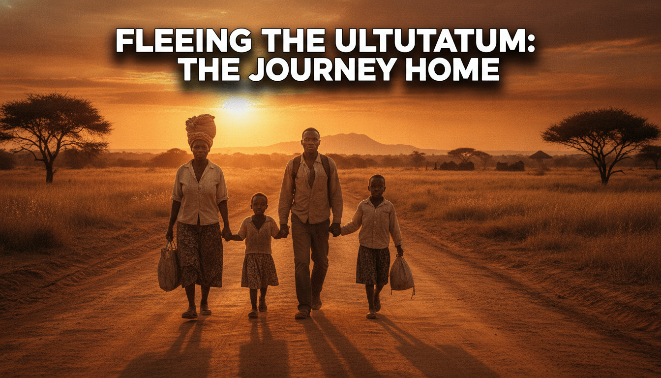 A photorealistic, cinematic wide shot capturing an African family (a mother, a father, and two young children, all Black/Malawian ethnicity) walking with determination along a well-worn, dusty rural road under the warm, low light of a setting sun. The family carries minimal personal belongings in small, practical bundles and bags. Their expressions convey a deep sense of resilience and weariness, reflecting the difficult journey and uncertain future. In the soft-focus background, the vast, arid landscape of Southern Africa stretches out, with a faint suggestion of distant hills or structures that they are leaving behind. The scene evokes a powerful sense of displacement and migration, emphasizing the human cost of political and economic pressures. The overall aesthetic is editorial concept art, with rich colors and dramatic natural lighting. High-impact text overlay in the top third of the image, centered horizontally: 'FLEEING THE ULTIMATUM: THE JOURNEY HOME'. The text should be rendered in a bold, clean sans-serif font (e.g., similar to Montserrat Bold or Helvetica Neue Bold). For maximum contrast and readability against the varied background, the text color should be crisp white with a strong, deep black drop shadow and a thin, sharp black outline.
