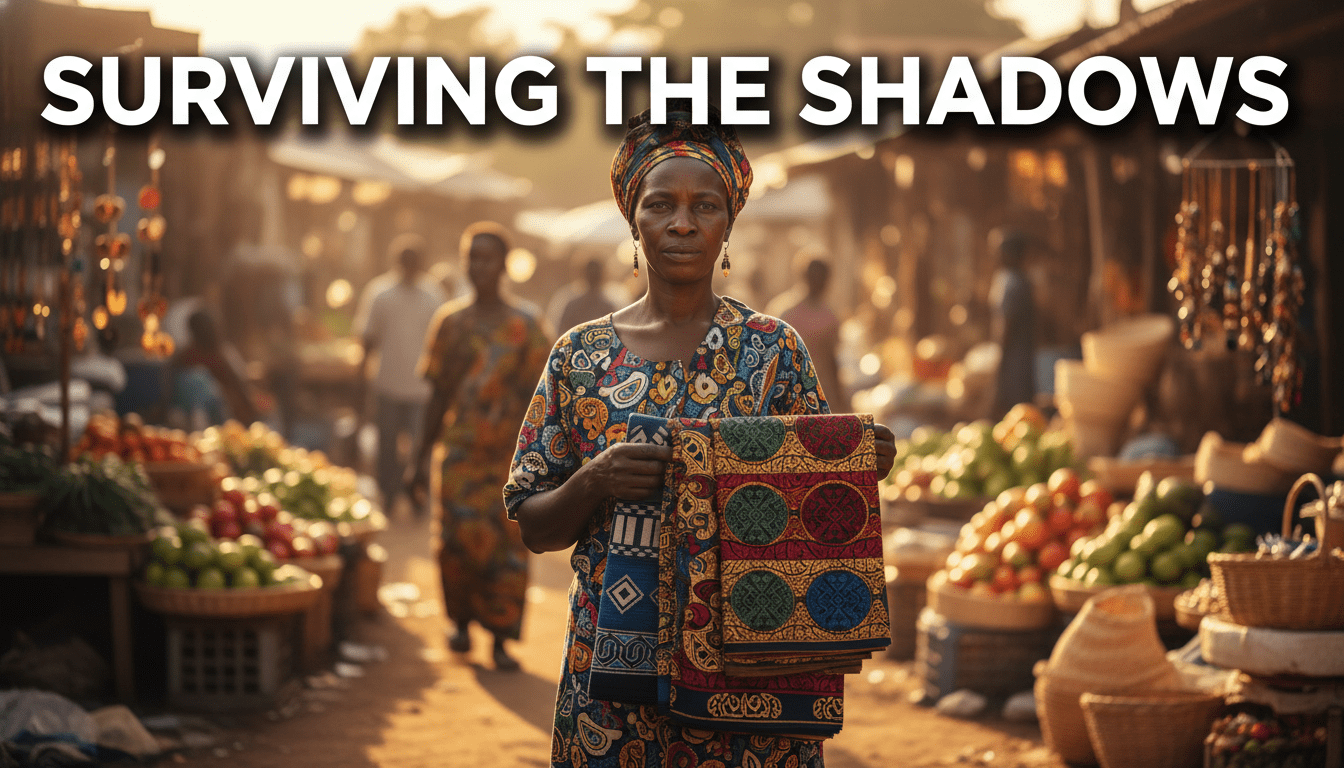 An editorial, cinematic photorealistic scene of a dignified African woman market vendor standing proudly in a bustling, vibrant open-air market in Sub-Saharan Africa. The atmosphere is warm and sun-drenched, capturing the essence of the 'jua kali' spirit, with golden-hour sunlight casting soft shadows. In her hands, she holds beautifully patterned West African textiles, while stalls of colorful produce and hand-crafted goods fill the soft-focus background. The camera captures her with a shallow depth of field, highlighting her expressive features and resilient gaze. Across the top third of the image, the bold text "SURVIVING THE SHADOWS" is written in a clean, modern, white sans-serif typeface, styled with a soft black drop shadow for crisp readability and maximum contrast against the warm background tones.