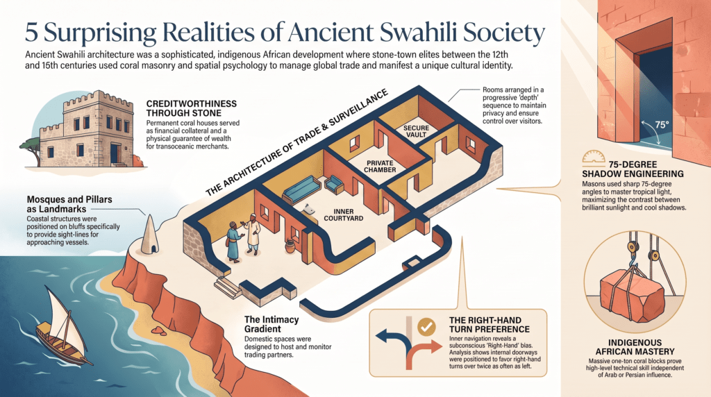 This visual guide maps out the complex, self-organizing spatial world of East African coastal stone towns, synthesizing archaeological findings on house layouts and navigation . It focuses on how master masons physically manipulated tropical sunlight using specialized angles , how patricians managed foreign merchants through built-in structural gradients , and how everyday movements reflected deep-seated cultural preferences.
