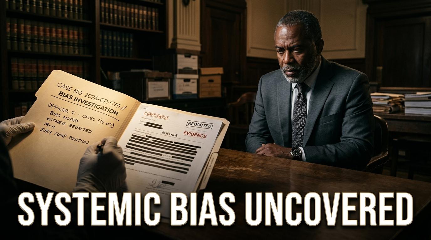 A cinematic, photorealistic editorial illustration of a solemn courtroom archive. In the foreground on a dark oak table, an unsealed legal folder lays open, revealing handwritten trial notes and official documents with redacted lines under a sharp spotlight. In the softly blurred background, a serious African American male defense attorney in a sharp charcoal suit looks down pensively at the evidence. The atmosphere is moody and dramatic with deep shadows and warm, low-key lighting, capturing a tense moment of investigative journalism. Across the lower-third, the high-impact text "SYSTEMIC BIAS UNCOVERED" is displayed in a bold, clean, modern sans-serif font, styled in stark white with a subtle gold outline and a dark drop shadow for perfect contrast and readability against the background.