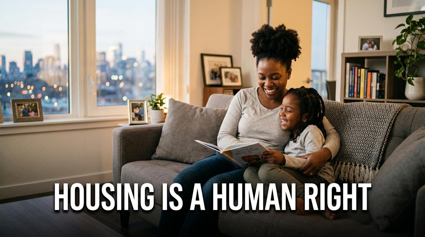An editorial, cinematic photojournalism shot of a resilient African American family—a mother and her young daughter—inside their warm, brightly lit, safe apartment. The scene represents the security of stable housing. Natural warm light illuminates their faces, expressing relief and hope. The background shows a cozy, modern home environment with a soft-focus city window at dusk. Overlaid across the bottom-center of the image is the high-impact text "HOUSING IS A HUMAN RIGHT" in a bold, clean, solid white sans-serif font, with a soft black drop shadow for crisp readability and high visual contrast. Professional TV news graphic style, high-quality, photorealistic, 8k resolution.