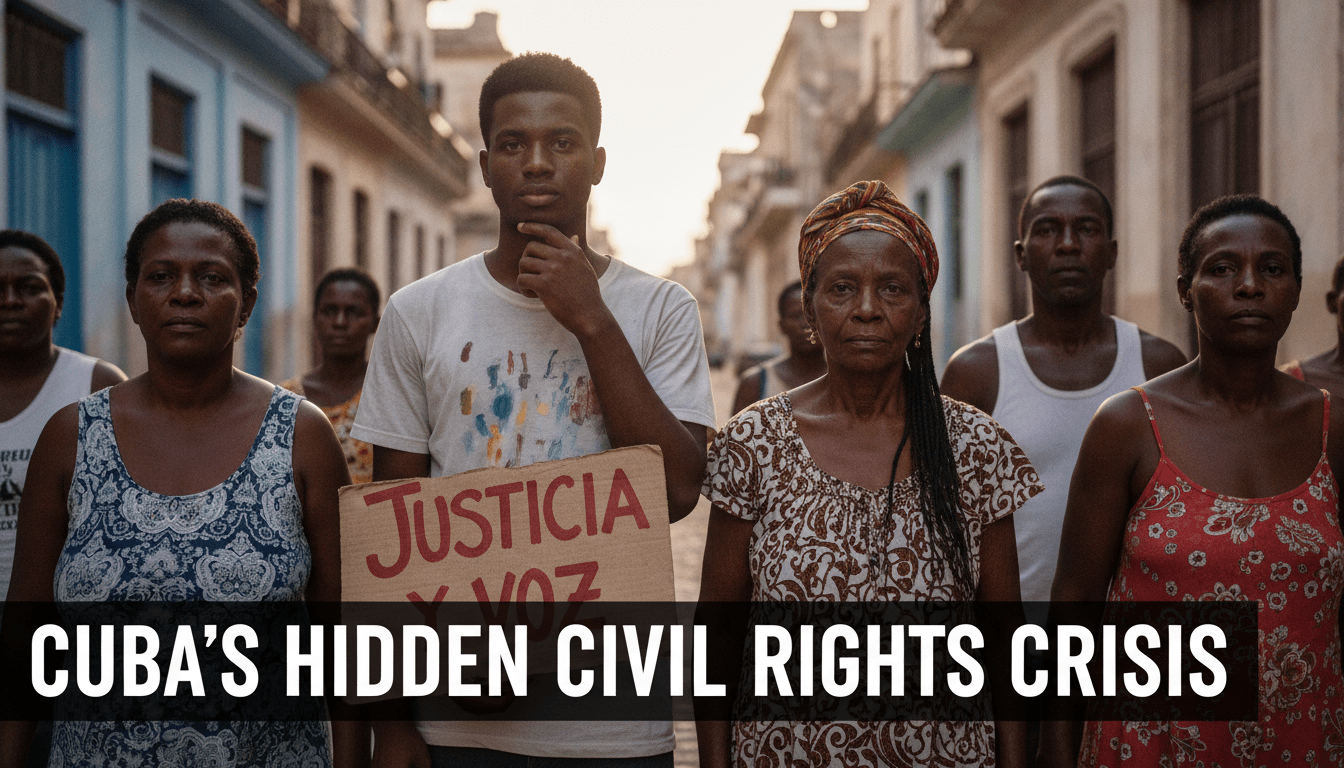 A cinematic, photorealistic editorial news photograph capturing the resilient spirit of grassroots advocacy in Havana, Cuba. In a worn but beautiful street in a historic Afro-Cuban neighborhood, a group of Black Cuban residents—including a young Afro-Cuban artist and a dignified elderly Afro-Cuban woman—stand together in quiet solidarity. The background shows crumbling colonial facades with peeling pastel paint under the warm, dramatic light of late afternoon. Shot with a shallow depth of field, focusing on their determined expressions. Overlaid on the lower third of the frame is the high-impact text "CUBA'S HIDDEN CIVIL RIGHTS CRISIS" in a bold, clean, white sans-serif font, featuring a strong black drop shadow and outline for perfect legibility and striking visual contrast against the street scene.