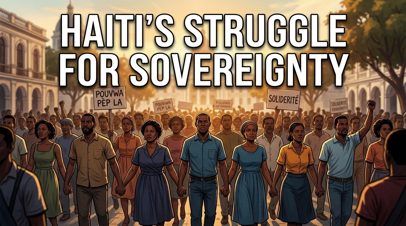 An editorial, cinematic news graphic illustration depicting a peaceful and powerful community mobilization in Haiti. In the center, a diverse crowd of Haitian men and women of Afro-Caribbean descent stand together in a historic public plaza in Port-au-Prince, their faces filled with dignity, resilience, and determination. The scene is captured from a low angle during the golden hour, with warm, dramatic sunlight filtering through the crowd, creating a hopeful yet solemn atmosphere. In the background, elegant historic architecture is softly blurred with a shallow depth of field. Overlaying the upper third of the image is the high-impact text: "HAITI'S STRUGGLE FOR SOVEREIGNTY" in a bold, clean, modern white sans-serif font. The text features a subtle dark drop shadow and a thin black outline to ensure maximum contrast and perfect readability against the warm, bright sky background.