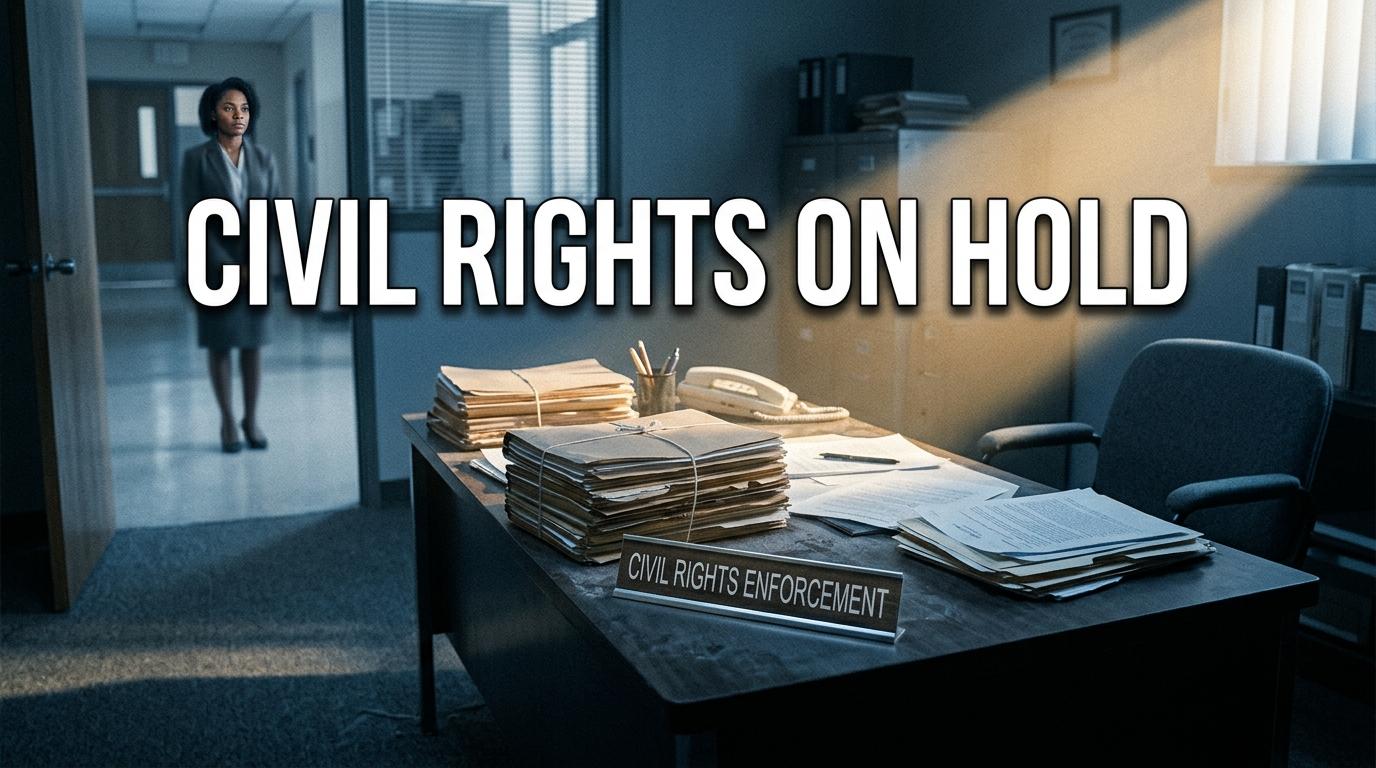 Editorial-style photojournalism illustration. A dimly lit, empty federal office desk with a nameplate that reads 'CIVIL RIGHTS ENFORCEMENT'. The office is quiet and cast in cool, somber blue tones, with stacked, unresolved case files gathering dust under a single dramatic shaft of warm golden light from a window. In the soft-focus background, a young African American educator stands in a school hallway, looking toward the office with a solemn, determined expression. Overlaid across the top-center is the text 'CIVIL RIGHTS ON HOLD' in a bold, clean, stark white sans-serif font. The text is styled with a subtle, dark-gray drop shadow and a clean outer glow to ensure maximum contrast and perfect readability against the atmospheric background.