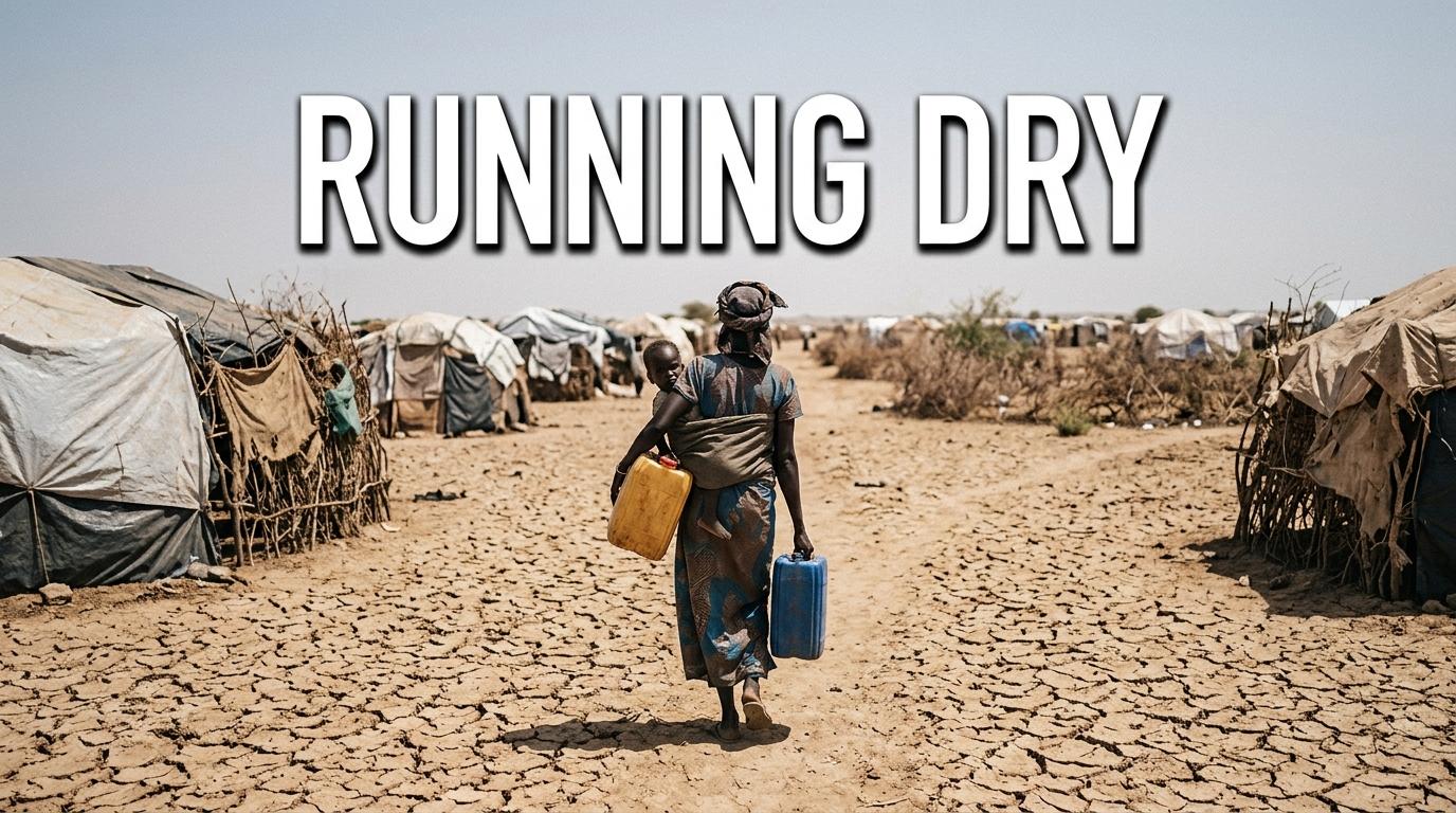 A cinematic, photorealistic editorial news photograph of a Sudanese refugee woman and child of Black African descent walking across the dry, cracked earth of an arid desert camp in eastern Chad. They are carrying empty yellow and blue plastic jerrycans under a blazing, harsh midday sun. The background features a vast, dusty Sahel landscape with sparse dry brush and distant tents under a hazy, heat-shimmered sky. The shot is a low-angle wide view, capturing a solemn yet resilient atmosphere. Overlaid in the upper-third center is the text 'RUNNING DRY' in a bold, clean, white sans-serif font, styled with a subtle black drop shadow to ensure perfect contrast and readability against the bright, dusty sky.
