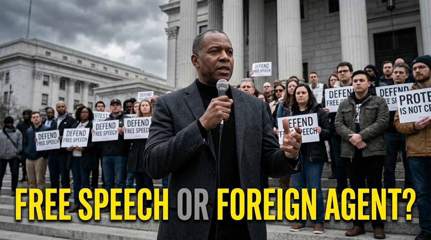 "A cinematic, photorealistic editorial-style news graphic. The scene depicts a passionate African American activist speaking with dignity on the steps of a grand neoclassical federal courthouse. Behind him, a diverse group of community members stands in solidarity under a dramatic, overcast sky. The lighting is dramatic and focused, highlighting the speaker's expression of determined dissent. In the lower third of the frame, there is a clean, bold text overlay that reads: 'FREE SPEECH OR FOREIGN AGENT?'. The lettering is in a crisp, bright yellow sans-serif font with a thick, dark-gray drop shadow, ensuring high visual contrast and perfect readability against the grey stone steps of the courthouse."