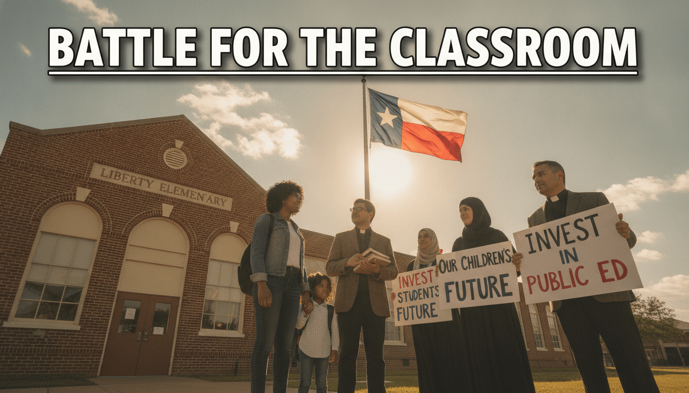 "Cinematic, photorealistic editorial photograph of a passionate, peaceful protest outside a classic brick Texas public school. The scene features a diverse group of community advocates, including an African American mother holding her school-aged child's hand, a Latino educator, and interfaith leaders standing together with determined, hopeful expressions. In the background, a Texas flag waves on a flagpole under a bright, warm sunlit sky. Low-angle wide shot, shallow depth of field, warm color grading. Superimposed across the upper-third of the image is the high-impact text 'BATTLE FOR THE CLASSROOM' in a bold, clean, ultra-bold sans-serif font. The text is rendered in solid, vibrant white with a heavy dark-charcoal drop shadow and thin black outline, ensuring maximum readability and striking visual contrast against the sky."