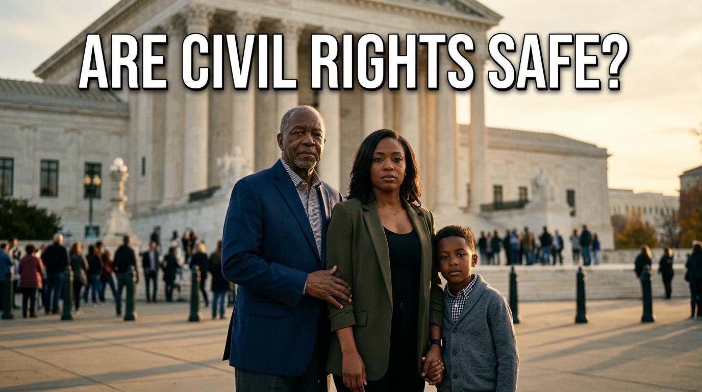 An editorial-style, cinematic, high-contrast photograph capturing a multi-generational African American family—an elderly grandfather, his adult daughter, and her young son—standing in front of a grand neoclassical civic building with towering marble columns. The mood is solemn yet resilient. The lighting is dramatic golden hour, casting long shadows and highlighting the determined expressions on their faces. The background is softly blurred with a shallow depth of field. Across the upper third of the image, the high-impact text 'ARE CIVIL RIGHTS SAFE?' is presented in a bold, clean, white sans-serif font with a subtle dark drop shadow and a crisp black outline, ensuring perfect readability and sharp contrast against the sky.