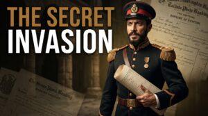Bold, clean sans-serif text reading "THE SECRET INVASION" positioned in the upper-left third with crisp contrast. The focal point is a determined, expressive 19th-century Egyptian military officer standing defiantly, holding a rolled historical financial ledger. The background features deep shadows and a bokeh effect, blending subtle archaic stone architecture with overlapping vintage banking documents. The color grading must strictly utilize a palette of Bronze (#966327), White (#FFFFFF), Black (#000000), and Olive (#303015). Maximum of 3 primary visual elements. Keep the lower-right quadrant completely clear for YouTube timestamp overlays.