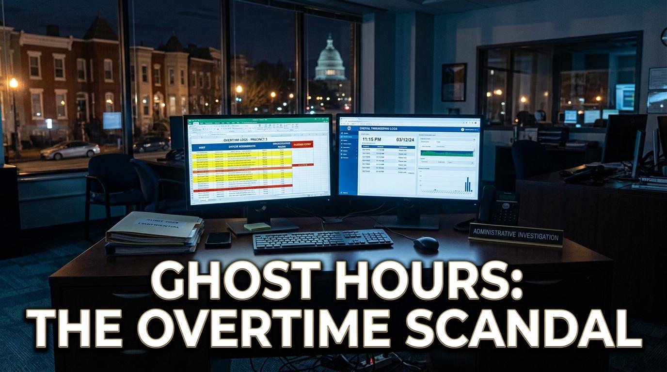 A cinematic, photorealistic editorial journalism illustration depicting an administrative investigation into public safety fraud. In the foreground, an empty municipal police precinct desk sits under moody, dramatic lighting, illuminated by the cool glow of dual computer monitors displaying digital timekeeping logs, highlighted audit spreadsheets, and digital clock timestamps. Through a large background window, the nighttime silhouette of Washington, D.C. architecture and historic urban brick rowhouses are visible beneath warm amber streetlights, symbolizing the quiet residential community outside. The color palette features deep slate blues, shadows, and subtle warm highlights. Superimposed in the lower-third is a bold, clean sans-serif text overlay reading "GHOST HOURS: THE OVERTIME SCANDAL" in stark white typography with a sharp dark charcoal drop shadow and a thin gold border outline, engineered for high contrast and crystal-clear readability against the dark foreground.