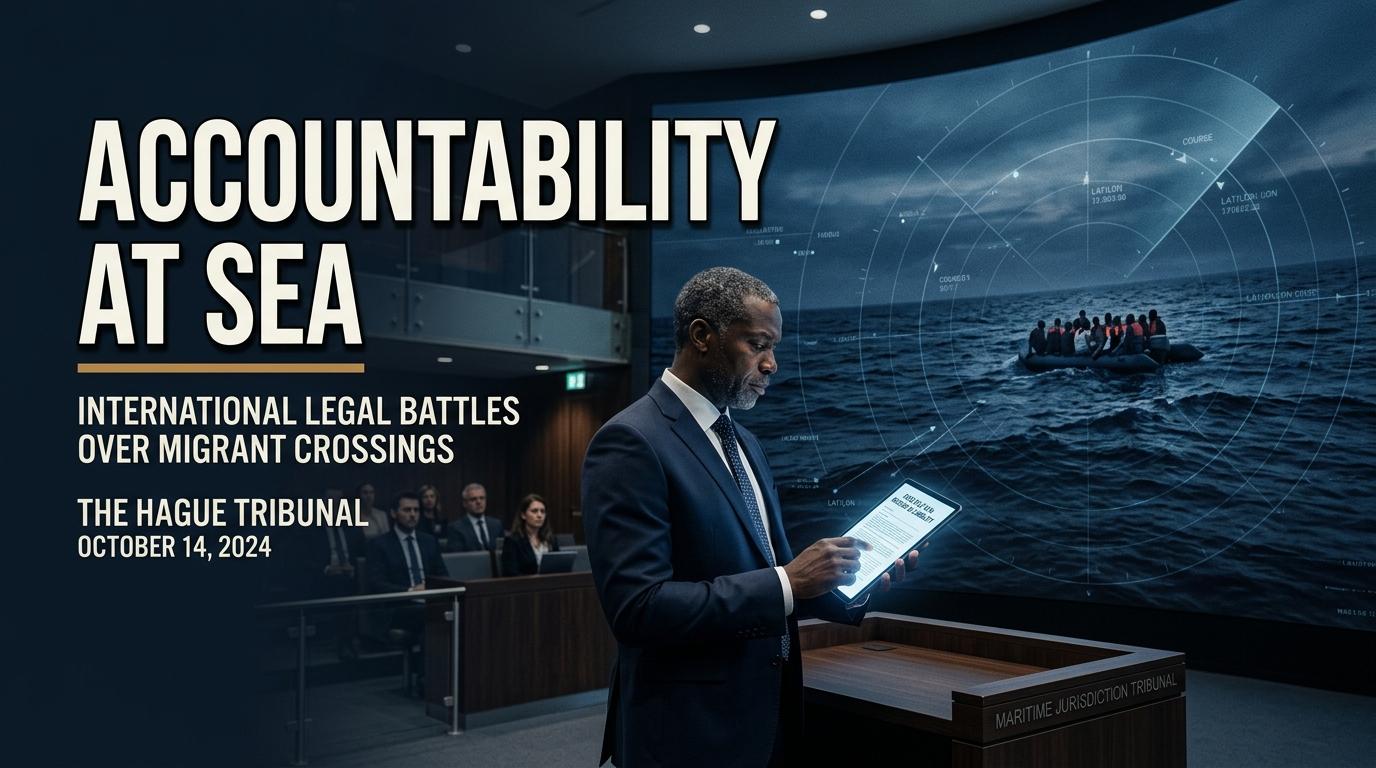 An editorial, cinematic news visual art piece depicting the theme of international legal battles over maritime migrant sea crossings. In the foreground, an African human rights lawyer in a sharp dark suit stands in a dark, polished modern tribunal hall, thoughtfully reviewing a glowing legal document docket. The background features a large, dramatic visual wall showcasing a vast, moody dark blue sea at dusk with faint, subtle digital radar grid lines overlaid across the ocean waters, evoking surveillance and maritime routes, creating a serious and solemn journalistic atmosphere. High-impact text overlay in the upper third reads "ACCOUNTABILITY AT SEA" in bold, clean, white sans-serif typography with a crisp dark charcoal drop shadow and a golden-amber accent underline, ensuring ultra-high contrast and perfect readability against the deep navy backdrop. Photorealistic, 8k resolution, visual journalism layout style.