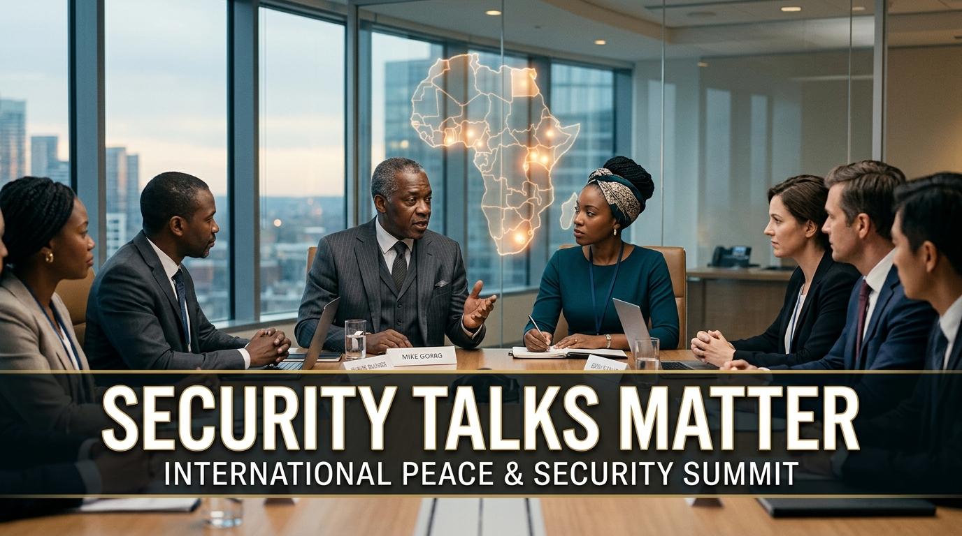 A cinematic, high-quality editorial photo illustrating a high-level international peace and security summit. In a modern, sunlit diplomatic hall, a diverse group of diplomats—including a distinguished Black male African Union representative in a tailored suit and a Black female East African diplomat in elegant professional attire—are seated around a sleek wooden conference table engaging in focused strategy talks. On the background glass wall, a stylized, glowing digital map of the African continent subtly illuminates key regional hubs. The scene is shot with a shallow depth of field, rich warm lighting, and a polished broadcast journalism aesthetic. Prominently featured in the lower-third overlay is bold, clean typography displaying the phrase "SECURITY TALKS MATTER" in high-contrast crisp white lettering with a subtle dark drop shadow and fine gold outline, ensuring perfect readability against the deep tones of the foreground.