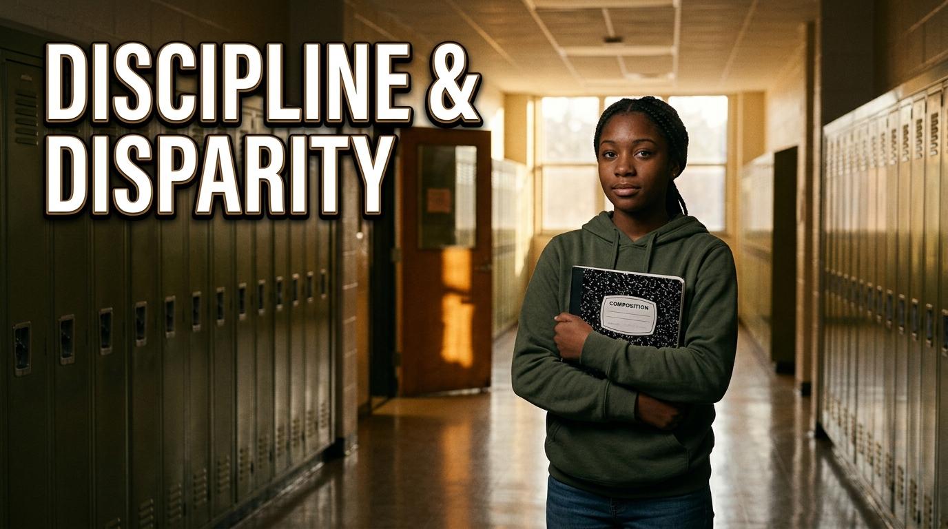A cinematic, photorealistic news broadcast image depicting a young African American female high school student in a quiet school hallway lined with lockers. She holds a notebook against her chest, looking resilient yet contemplative toward the camera. Warm, soft morning sunlight streams through large windows, creating soft shadows across the floor, with subtle visual cues of an open classroom door reflecting in the polished corridor. Editorial journalism style, 35mm lens, high contrast, warm dark earth tones and muted gold palette. Overlaid prominently in the upper left is the text "DISCIPLINE & DISPARITY" in a bold, clean sans-serif font, styled in bright white text with a dark bronze drop shadow and sharp black outline for crisp contrast and maximum readability.