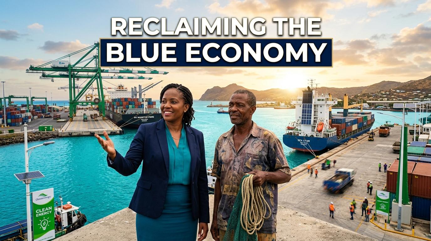 A cinematic editorial news graphic depicting the economic transformation of an African island nation. In the foreground, a confident African female policymaker in smart professional attire stands alongside an African artisanal fisherman on a modern ocean dock, overlooking a booming blue-economy port. In the background, modern deep-water cargo terminals, green maritime infrastructure, and solar-powered shipping vessels blend into pristine turquoise ocean waters under a warm sunrise. Photojournalistic composition, cinematic depth of field, vibrant broadcast journalism graphic design. High-impact text overlay in the top center reading "RECLAIMING THE BLUE ECONOMY" in a bold, clean sans-serif typeface, styled in bright white with a deep navy drop shadow and subtle gold border, perfectly contrasting against the clear sky for maximum visual impact and perfect readability.