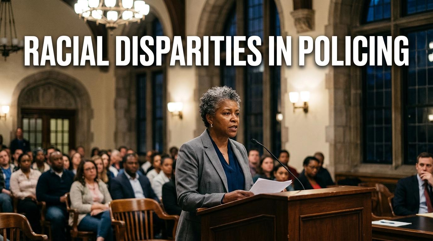 Cinematic editorial photojournalism scene inside a historic municipal town hall. In sharp focus, a dignified African American community advocate stands resolutely at a wooden podium during an evening civic oversight hearing, addressing a municipal panel with somber determination. In the softly blurred background, an attentive and diverse audience of community residents listens closely beneath warm architectural lighting and tall institutional windows. Centered across the upper third of the image is a high-impact bold text overlay reading: "RACIAL DISPARITIES IN POLICING" rendered in massive, clean, ultra-bold sans-serif font in bright stark white, bordered by a subtle dark charcoal outline and deep soft drop shadow for maximum visual contrast and pristine readability against the warm interior background. Photorealistic, journalistic concept art, dramatic civic lighting, high-contrast, solemn and authoritative atmosphere.