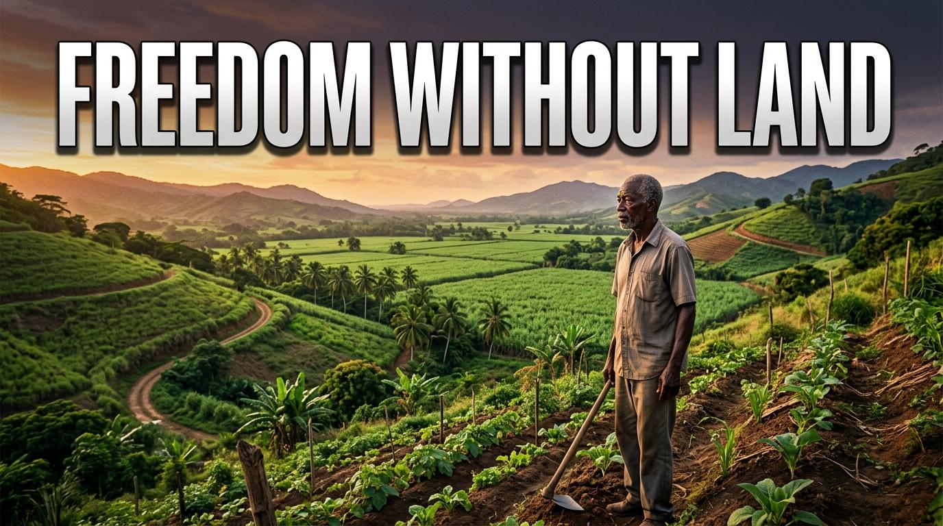An editorial news illustration in a cinematic, photorealistic style portraying the legacy of post-emancipation land inequality in the Caribbean. In the foreground, a dignified Afro-Caribbean farmer stands on a steep, rugged hillside farming plot, looking out over a sprawling, fertile tropical valley below with lush sugarcane fields and palm trees under a dramatic, golden-hour sky. The scene combines poignant historical depth with contemporary photojournalism styling, showcasing rich green terraced hillsides and dramatic atmospheric lighting. Superimposed high-impact graphic text reads "FREEDOM WITHOUT LAND" in massive, crisp, bold sans-serif typography. The text overlay is rendered in bright stark white with a bold dark charcoal drop-shadow and a subtle outer stroke, positioned centrally across the upper third of the image against a soft dark gradient sky overlay for maximum visual contrast and broadcast readability.