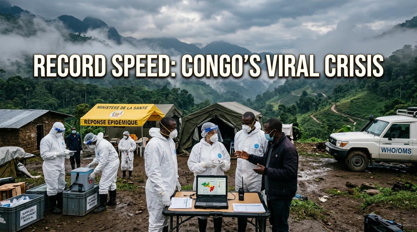 An editorial photojournalistic, cinematic wide shot of a mobile public health field station set against the mist-covered, lush green mountainous landscape of the eastern Democratic Republic of the Congo. A team of focused Congolese medical professionals and epidemiologists wearing immaculate protective gear, respirators, and clear face visors coordinate urgent response efforts, examining digital transmission maps and medical supply crates alongside local community health leaders. The lighting is dramatic and natural, with morning sunlight piercing through overcast clouds to create a solemn yet resilient documentary atmosphere. Centered boldly across the upper third of the frame is the high-impact text overlay: "RECORD SPEED: CONGO'S VIRAL CRISIS" rendered in clean, modern sans-serif typography in bright solid white, accented with a subtle emergency-amber outline and a deep drop shadow to ensure maximum contrast and clear readability against the atmospheric backdrop.