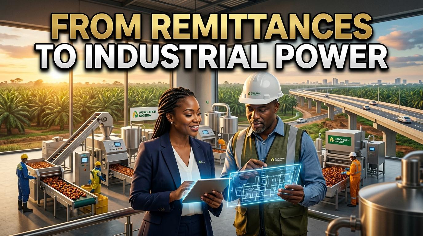 A cinematic editorial news graphic depicting the transformation of West African economic investment. In the foreground, a confident African diaspora businesswoman and a male West African industrial engineer stand together inside a modern, state-of-the-art agro-processing facility in Nigeria, reviewing glowing digital architectural blueprints on a tablet. In the background, sleek industrial machinery, lush oil palm plantations, and a newly constructed highway flyover are bathed in warm golden hour light. Overlaid prominently at the top is the high-impact text "FROM REMITTANCES TO INDUSTRIAL POWER" rendered in an extra-bold, clean sans-serif font using metallic gold and brilliant white lettering, bordered with a subtle black stroke and dark drop shadow to ensure perfect contrast and legibility against the background. Photorealistic photojournalism style, high dynamic range, 8k resolution, crisp detail, news broadcast visual.