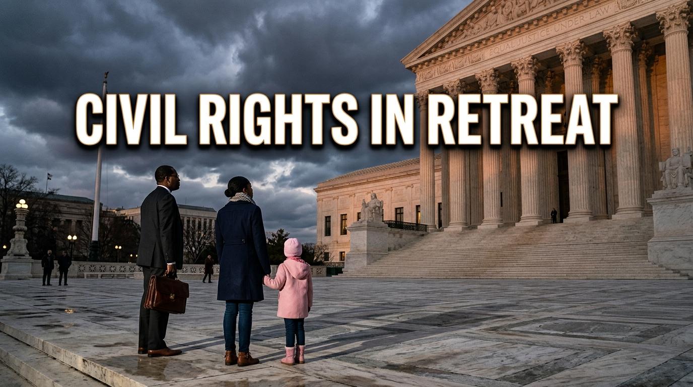 A cinematic, photorealistic editorial news illustration capturing the collapse of federal civil rights protections. In the foreground, an African American family—a young mother holding her child's hand alongside a Black legal professional in a crisp dark suit—stands on a grand marble plaza, looking solemnly toward the towering, iconic classical columns of a federal government building. Deep, long shadows stretch across the marble ground, while dark, heavy storm clouds loom overhead as dramatic twilight fading light casts a bittersweet warm glow on the building facade. Low-angle visual framing, highly detailed texture, solemn editorial mood. Centered across the upper third of the composition, a high-impact, bold text overlay reads "CIVIL RIGHTS IN RETREAT" in clean, heavy sans-serif uppercase letters. The typography is rendered in stark white with a refined warm amber accent stroke and a subtle black drop shadow, engineered for optimal visual contrast and sharp readability against the moody overcast sky background.