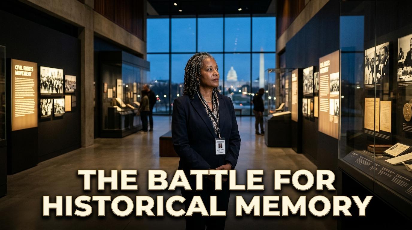 Editorial news concept photography depicting an African American museum curator standing thoughtfully inside a modern, grand national museum gallery dedicated to Black history and civil rights heritage. Warm, dramatic exhibition spotlights illuminate glass vitrines containing archival documents, rich timeline plaques, and interpretive didactic panels along dark gallery walls. In the blurred, atmospheric background, a vast glass window reveals the twilight silhouette of Washington D.C. federal architecture. Cinematic composition, rich color depth, 8k resolution, modern journalistic framing. Prominently featuring a bold, clean text overlay positioned in the lower-third that reads "THE BATTLE FOR HISTORICAL MEMORY" styled in an ultra-clean, heavy sans-serif typeface in luminous warm ivory with an elegant gold bevel, backed by a soft dark drop shadow and sharp outline for high-contrast, flawless readability against the museum environment.