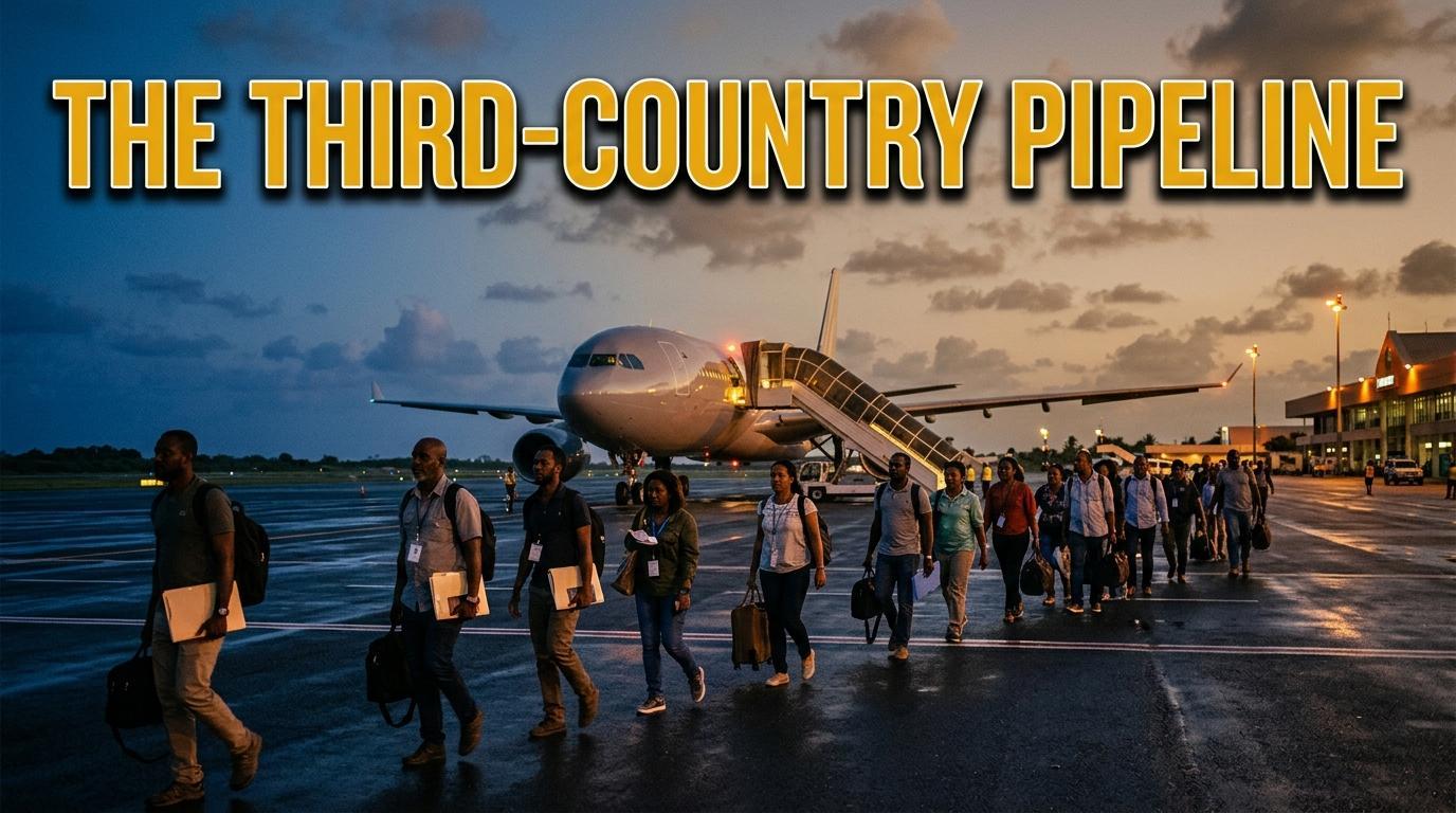 Editorial photojournalism wide shot, cinematic and photorealistic. On a tropical airport tarmac at dusk under a deep indigo and amber twilight sky, a chartered long-haul commercial passenger plane rests with its boarding stairs extended. A diverse group of travelers representing African, Caribbean, and Latino backgrounds, dressed in casual travel attire and holding simple carry-on bags and document folders, walk across the wet reflective asphalt toward a distant terminal illuminated with warm beacon lights. The mood is solemn, uncertain, and deeply contemplative, framed with rich dynamic range, shallow depth of field, and 35mm journalistic aesthetic. Featured prominently across the upper third of the image is a high-impact bold text overlay reading: "THE THIRD-COUNTRY PIPELINE" styled in a heavy, modern geometric sans-serif font in vibrant golden-yellow with a crisp white outline and a deep, soft black drop shadow for pristine readability and high contrast against the twilight horizon.