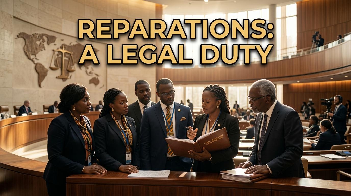 A cinematic, editorial-style concept photograph set inside a grand, sunlit international human rights assembly hall. In the foreground, a group of distinguished African and African-descendant legal scholars and diplomats—men and women in sharp, professional business attire—stand with poise and dignity around a polished wood dais, reviewing formal legal dossiers with serious, focused expressions. In the background, the architectural curves of the modern diplomatic chamber feature soft golden backlighting, sleek acoustic paneling, and a subtle, illuminated relief of the scales of justice integrated with a global map motif. Modern journalistic framing, warm ambient lighting, deep shadows, ultra-detailed textures, 8k resolution photorealism. Prominently centered across the upper third of the frame, high-impact text in a bold, clean modern sans-serif font reads: "REPARATIONS: A LEGAL DUTY", styled in luminous warm gold lettering with a crisp matte black outline and soft drop shadow, creating striking contrast and sharp readability against the architectural background.