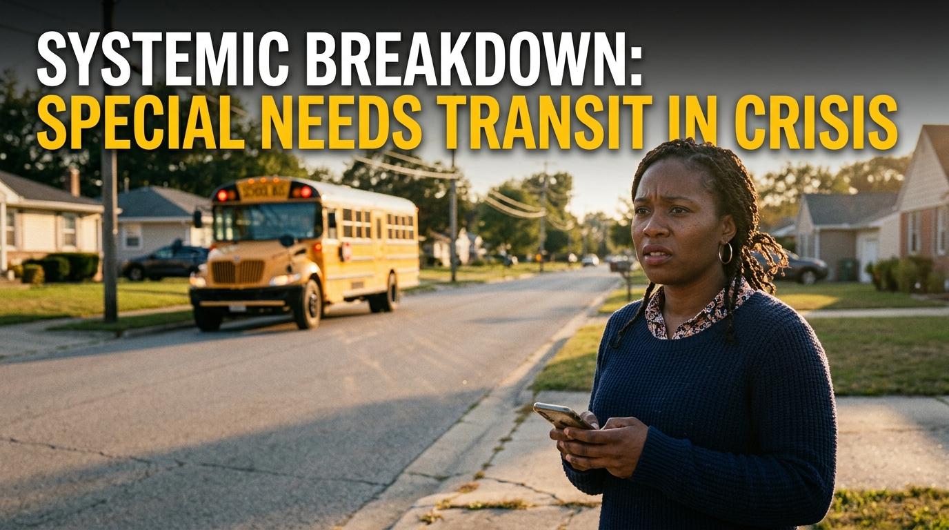 Editorial photojournalism style, cinematic 8k. A poignant and urgent scene capturing a concerned African American mother standing on a suburban sidewalk during late afternoon golden hour, clutching her smartphone with an expression of deep anxiety and determination as she gazes down an empty street. In the midground, bathed in long dramatic shadows, a yellow school bus sits idling on the roadside with its flashing hazard lights reflecting off the asphalt, emphasizing themes of vulnerability, oversight, and institutional breakdown. The atmosphere is solemn, tense, and deeply journalistic with rich cinematic depth of field and soft dramatic lighting. Prominently featured across the top of the frame is a bold, high-impact news text overlay reading: "SYSTEMIC BREAKDOWN: SPECIAL NEEDS TRANSIT IN CRISIS". The typography is styled in an ultra-clean, heavy-duty sans-serif typeface in stark white and school-bus caution-yellow, framed with a sharp black outline and subtle dark drop shadow over a gentle vignette to ensure maximum visual contrast and crisp, perfect readability against the sky and suburban background.