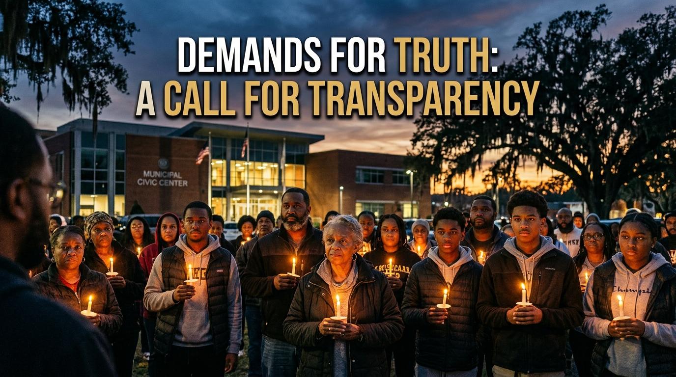 A cinematic, photorealistic editorial photograph depicting a solemn community gathering at dusk outside a municipal civic center in an urban Southern setting. In the foreground, a diverse group of African American community leaders, residents, and youth stand united in a peaceful, resolute evening vigil, holding glowing candles that cast a warm, emotional light across their determined and grief-stricken faces. In the background, modern city architecture and grand, silhouetted historic oak trees are framed against a dramatic twilight sky of deep indigo and amber hues. The atmosphere is dignified, reflective, and charged with solemn solidarity. Centered cleanly in the upper third of the composition is a bold, high-impact text overlay reading "DEMANDS FOR TRUTH: A CALL FOR TRANSPARENCY" rendered in a crisp, modern sans-serif typeface in stark white with warm gold accents, featuring a sharp subtle drop shadow and dark contour outline to ensure maximum visual contrast and pristine readability against the atmospheric sky.