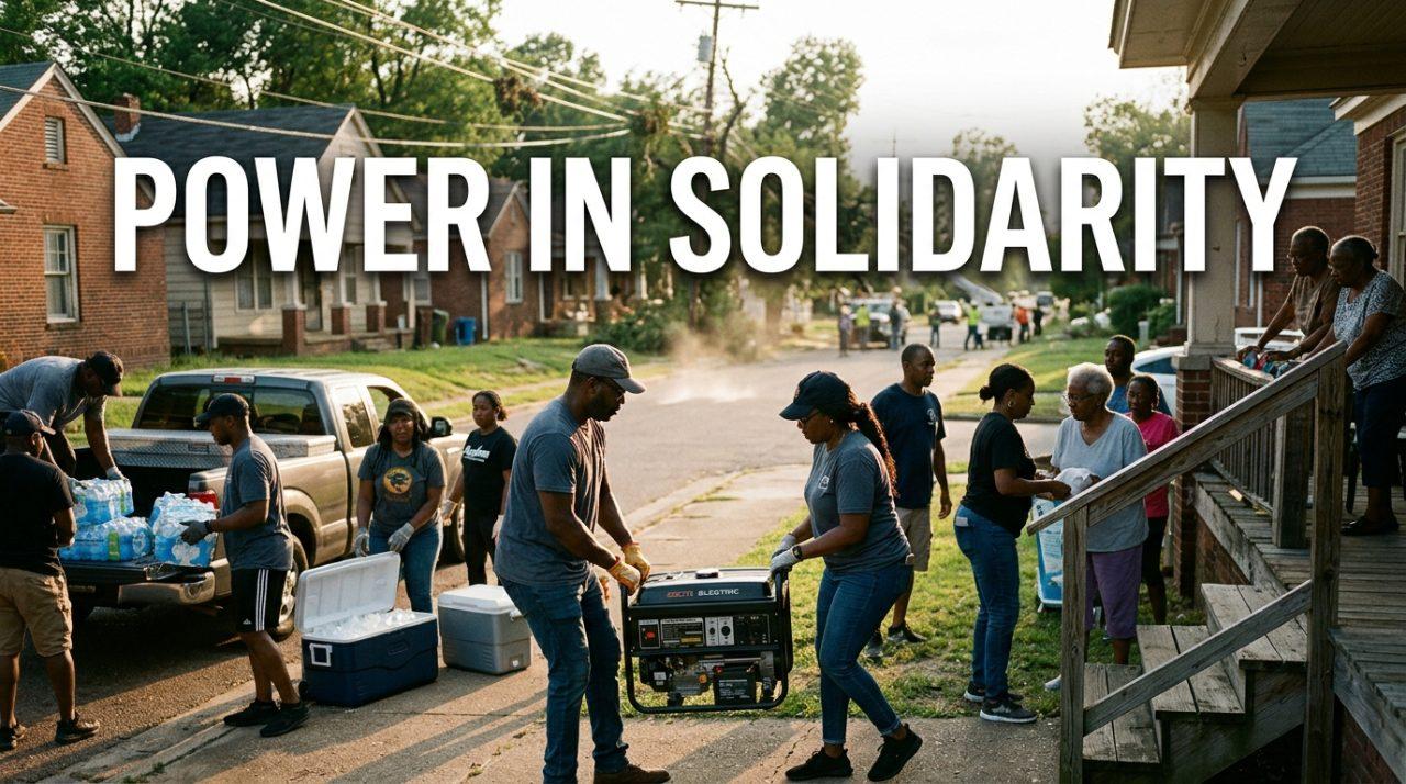 Editorial documentary photograph capturing a community mutual aid relief effort in a historic Black neighborhood in Memphis following a severe summer storm blackout. In the foreground, compassionate African American community volunteers work together in the sweltering heat, unloading cases of bottled water, coolers of ice, and carefully carrying a portable electric generator up the steps of a wooden front porch to assist an elderly neighbor. In the background, heat haze shimmers off the asphalt street under an oppressive golden-hour sun, showing quiet neighborhood homes and storm-damaged overhead utility lines. Cinematic photojournalism, realistic textures, natural warm lighting, dignified and resilient mood. Centered across the upper third of the image is a high-impact graphic text overlay that reads "POWER IN SOLIDARITY" styled in a bold, clean modern sans-serif font in brilliant white with a warm amber underline and a subtle dark charcoal drop shadow, engineered for maximum readability and stark contrast against the atmospheric sky.