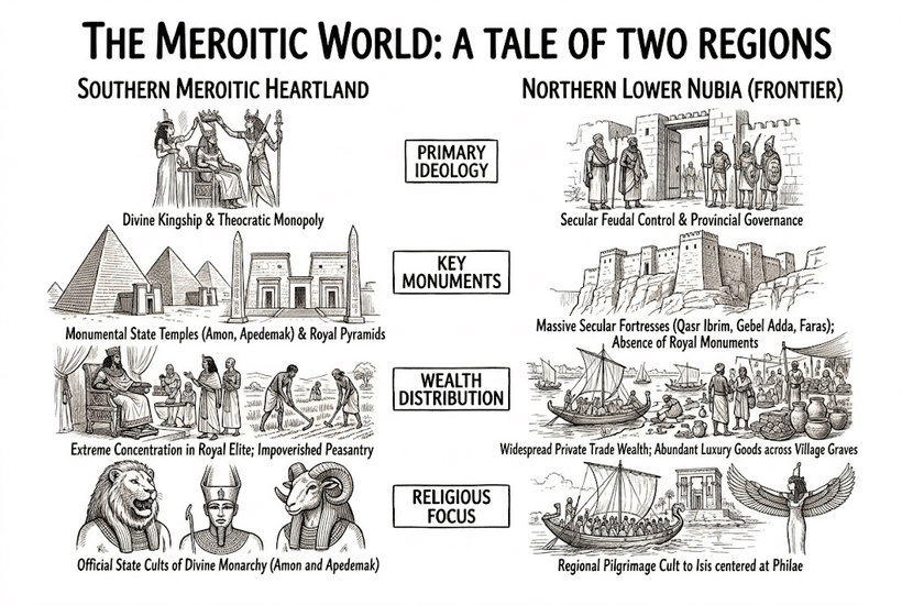 A black-and-white, ink-style comparative infographic titled "THE MEROITIC WORLD: A TALE OF TWO REGIONS" set against a plain white background. The graphic is organized into two main columns—"SOUTHERN MEROITIC HEARTLAND" on the left and "NORTHERN LOWER NUBIA (FRONTIER)" on the right—separated by four central category labels: Primary Ideology: The Heartland depicts "Divine Kingship & Theocratic Monopoly" accompanied by an ink illustration of an enthroned ruler flanked and crowned by deities. The Frontier shows "Secular Feudal Control & Provincial Governance," illustrated by local administrators and spearmen standing before a walled gateway. Key Monuments: The Heartland highlights "Monumental State Temples (Amon, Apedemak) & Royal Pyramids," showing steep Nubian pyramids, pylons, and obelisks. The Frontier emphasizes "Massive Secular Fortresses (Qasr Ibrim, Gebel Adda, Faras); Absence of Royal Monuments," rendered as elevated stone fortress walls. Distribution of Wealth: The Heartland illustrates "Extreme Concentration in Royal Elite; Impoverished Peasantry," contrasting an enthroned noble attended by servants against laborers tilling the soil. The Frontier illustrates "Widespread Private Trade Wealth; Abundant Luxury Goods across Village Graves," showing cargo skiffs, pottery jars, and bustling marketplace trade. Religious Focus: The Heartland displays "Official State Cults of Divine Monarchy (Amon and Apedemak)," featuring bust portraits of Apedemak as a lion, the divine monarch, and Amon as a ram. The Frontier displays "Regional Pilgrimage Cult to Isis centered at Philae," illustrated with a pilgrimage vessel, a kiosk temple facade, and a winged depiction of the goddess Isis.