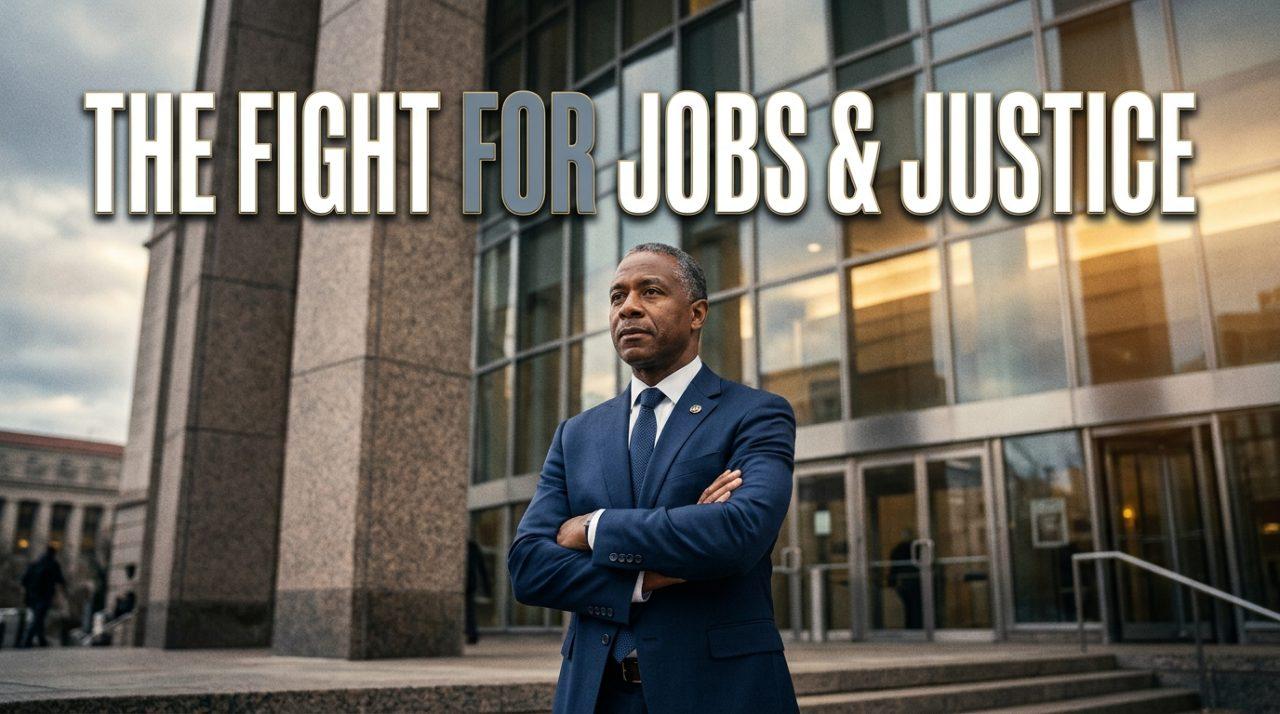 Cinematic editorial journalism illustration depicting a dignified African American man in sharp business attire standing in resolute contemplation before the towering granite pillars and expansive glass facade of a federal regulatory hall. The atmospheric lighting features cool, overcast morning tones mixed with warm amber shafts of light breaking through the clouds, symbolizing economic challenge and resilience. Prominently integrated across the upper third of the image is the high-impact text overlay reading: "THE FIGHT FOR JOBS & JUSTICE" rendered in a bold, modern, condensed sans-serif typeface in stark crisp white with a refined slate-grey drop shadow and a subtle gold rim outline, engineered for maximum readability and visual punch against the monumental architectural backdrop. Photorealistic, 8k resolution, editorial news magazine aesthetic, perfectly balanced depth of field.