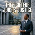 Cinematic editorial journalism illustration depicting a dignified African American man in sharp business attire standing in resolute contemplation before the towering granite pillars and expansive glass facade of a federal regulatory hall. The atmospheric lighting features cool, overcast morning tones mixed with warm amber shafts of light breaking through the clouds, symbolizing economic challenge and resilience. Prominently integrated across the upper third of the image is the high-impact text overlay reading: "THE FIGHT FOR JOBS & JUSTICE" rendered in a bold, modern, condensed sans-serif typeface in stark crisp white with a refined slate-grey drop shadow and a subtle gold rim outline, engineered for maximum readability and visual punch against the monumental architectural backdrop. Photorealistic, 8k resolution, editorial news magazine aesthetic, perfectly balanced depth of field.