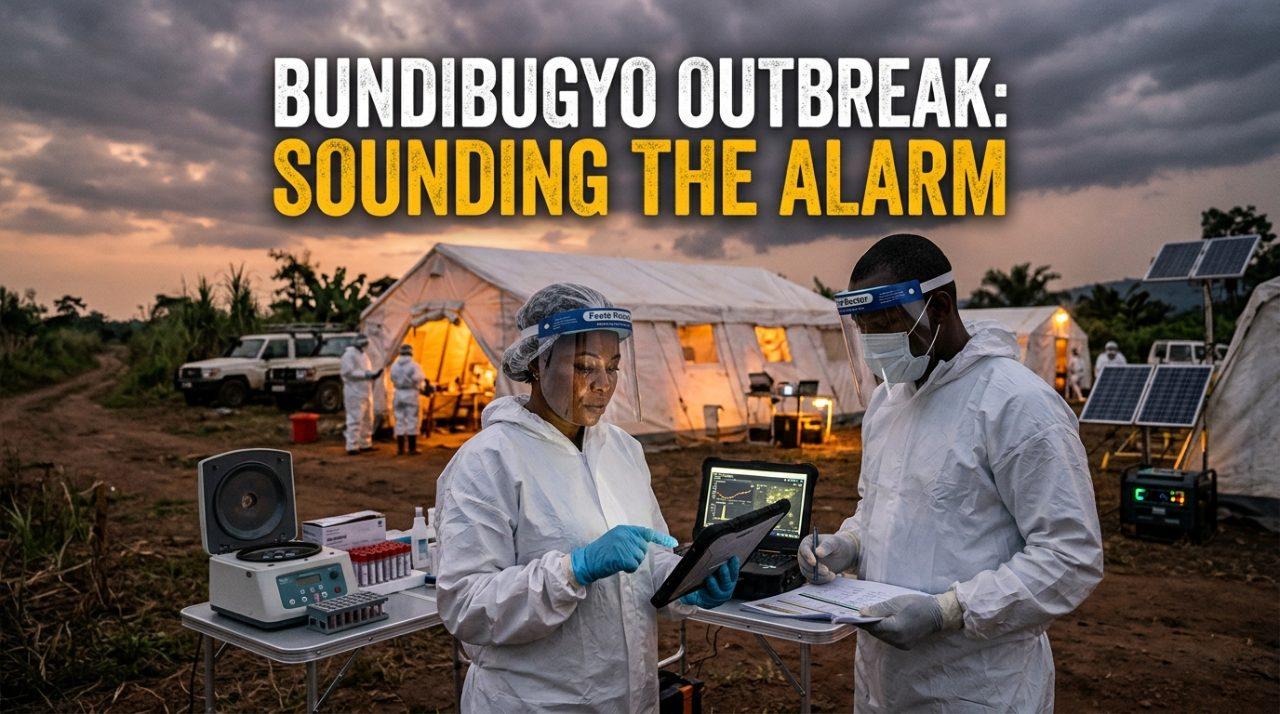 A cinematic, editorial photojournalism illustration depicting the urgent public health mobilization in Central Africa. In the foreground, two focused Congolese healthcare professionals—a female epidemiologist and a male field doctor of Central African descent—stand in clean personal protective gear with transparent visors showing determined, solemn expressions as they review digital field monitors and diagnostic charts. The setting is an emergency field response compound at dusk in rural Central Africa, featuring white canvas medical tents, glowing warm amber operational lights, and subtle high-tech diagnostic equipment under a dramatic, moody overcast twilight sky. High visual depth, serious journalistic tone, photorealistic textures, and dignified composition. Centered boldly across the upper third of the frame, high-impact text overlay reads: "BUNDIBUGYO OUTBREAK: SOUNDING THE ALARM" rendered in an ultra-clean, heavy sans-serif font in vibrant warning gold and crisp white lettering, accented by a sharp charcoal-black drop shadow and subtle dark outline ensuring flawless readability against the atmospheric sky.