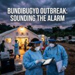 A cinematic, editorial photojournalism illustration depicting the urgent public health mobilization in Central Africa. In the foreground, two focused Congolese healthcare professionals—a female epidemiologist and a male field doctor of Central African descent—stand in clean personal protective gear with transparent visors showing determined, solemn expressions as they review digital field monitors and diagnostic charts. The setting is an emergency field response compound at dusk in rural Central Africa, featuring white canvas medical tents, glowing warm amber operational lights, and subtle high-tech diagnostic equipment under a dramatic, moody overcast twilight sky. High visual depth, serious journalistic tone, photorealistic textures, and dignified composition. Centered boldly across the upper third of the frame, high-impact text overlay reads: "BUNDIBUGYO OUTBREAK: SOUNDING THE ALARM" rendered in an ultra-clean, heavy sans-serif font in vibrant warning gold and crisp white lettering, accented by a sharp charcoal-black drop shadow and subtle dark outline ensuring flawless readability against the atmospheric sky.