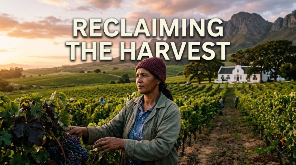 A powerful, cinematic editorial photojournalism scene set in the South African Western Cape Winelands at golden hour. In the foreground, a dignified, resilient South African Coloured farmworker descendant in modern work attire stands amidst lush, sprawling vineyard rows, their gaze resolute and solemn, hands gently touching the weathered grapevines. In the background, dramatic rugged granite mountain peaks rise above rolling green hills and a distant historic whitewashed Cape Dutch manor house, bathed in warm, amber late-afternoon sunlight. Emblazoned across the upper center of the composition against the sky and mountains, bold, clean modern sans-serif typography reads: "RECLAIMING THE HARVEST" in crisp, luminous ivory-white with a subtle deep charcoal drop-shadow for sharp, high-contrast readability. Modern journalistic documentary style, emotional depth, vivid natural colors, 35mm lens framing, striking cinematic lighting.
