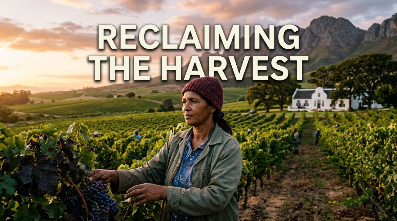 A powerful, cinematic editorial photojournalism scene set in the South African Western Cape Winelands at golden hour. In the foreground, a dignified, resilient South African Coloured farmworker descendant in modern work attire stands amidst lush, sprawling vineyard rows, their gaze resolute and solemn, hands gently touching the weathered grapevines. In the background, dramatic rugged granite mountain peaks rise above rolling green hills and a distant historic whitewashed Cape Dutch manor house, bathed in warm, amber late-afternoon sunlight. Emblazoned across the upper center of the composition against the sky and mountains, bold, clean modern sans-serif typography reads: "RECLAIMING THE HARVEST" in crisp, luminous ivory-white with a subtle deep charcoal drop-shadow for sharp, high-contrast readability. Modern journalistic documentary style, emotional depth, vivid natural colors, 35mm lens framing, striking cinematic lighting.