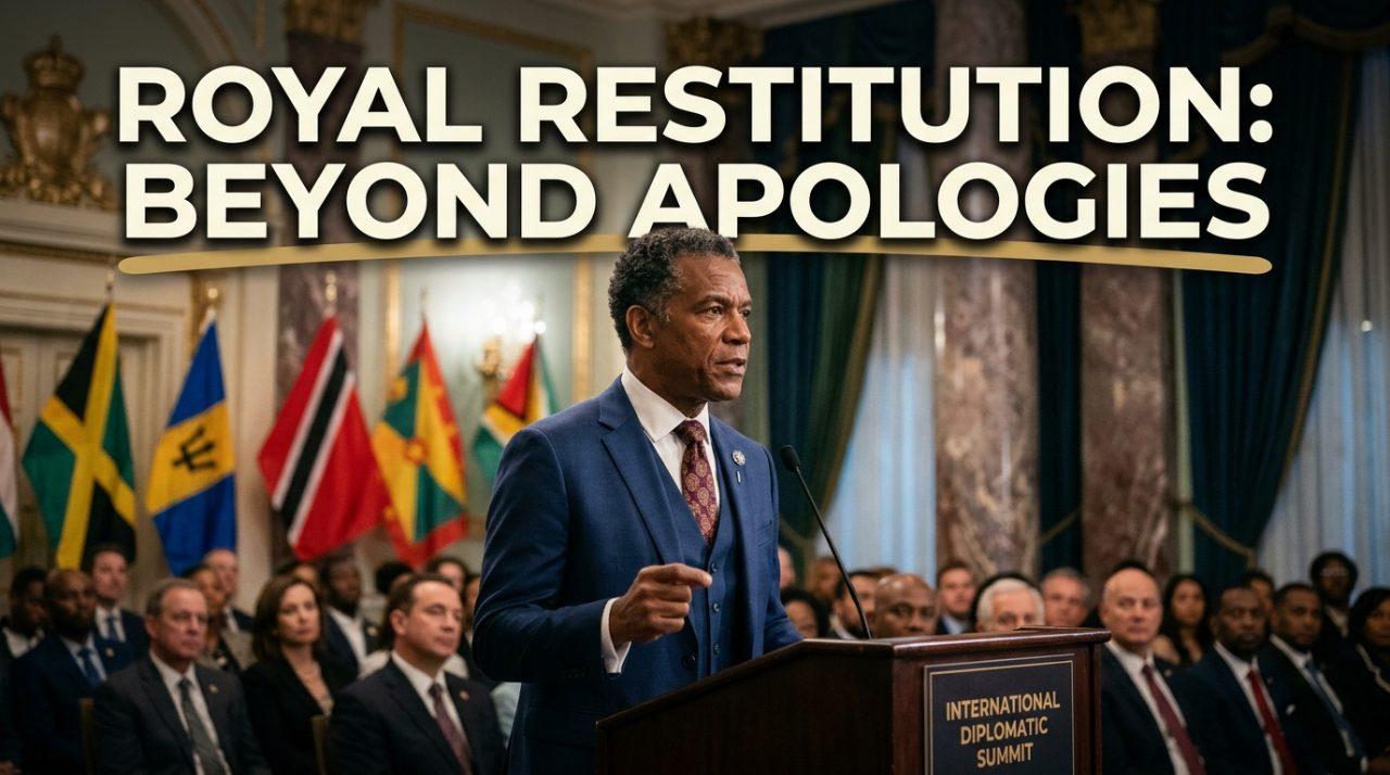Cinematic editorial news photography capturing an authoritative, distinguished Afro-Caribbean diplomat in a tailored navy suit delivering a resolute speech behind a wooden lectern at an international diplomatic summit. The background showcases a prestigious assembly hall with marble columns, soft ambient lighting, sovereign Caribbean flags, and out-of-focus gilded imperial architectural motifs. High-contrast, dramatic key lighting highlights the speaker's determined expression, conveying gravitas, historical weight, and sovereignty. Prominently featured across the upper third of the composition is a bold text overlay reading "ROYAL RESTITUTION: BEYOND APOLOGIES" set in a clean, heavy modern sans-serif font in bright ivory-white with a subtle warm gold accent stroke beneath, accompanied by an intentional deep charcoal drop shadow and subtle dark vignette ensuring maximum visual contrast and crisp legibility.
