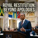Cinematic editorial news photography capturing an authoritative, distinguished Afro-Caribbean diplomat in a tailored navy suit delivering a resolute speech behind a wooden lectern at an international diplomatic summit. The background showcases a prestigious assembly hall with marble columns, soft ambient lighting, sovereign Caribbean flags, and out-of-focus gilded imperial architectural motifs. High-contrast, dramatic key lighting highlights the speaker's determined expression, conveying gravitas, historical weight, and sovereignty. Prominently featured across the upper third of the composition is a bold text overlay reading "ROYAL RESTITUTION: BEYOND APOLOGIES" set in a clean, heavy modern sans-serif font in bright ivory-white with a subtle warm gold accent stroke beneath, accompanied by an intentional deep charcoal drop shadow and subtle dark vignette ensuring maximum visual contrast and crisp legibility.