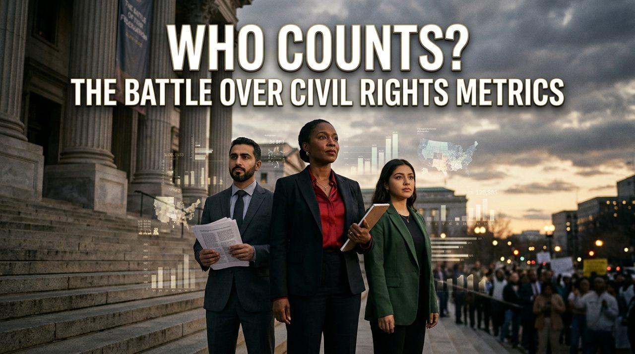 Cinematic editorial illustration in the style of modern broadcast investigative journalism, captured with dramatic 35mm photography. In the center, a determined, diverse group representing marginalized communities—including an African American civil rights legal advocate in a sharp dark suit, a Middle Eastern woman in professional attire, and a Latino community organizer—stand resolute on the grand limestone steps of a federal civic hall under moody, dramatic dawn lighting. Semi-transparent, glowing holographic census questionnaire forms, demographic data grids, and floating statistical bar charts weave subtly through the air around them, symbolizing community visibility and representation. Across the top third of the composition, bold and razor-sharp text overlay reads: "WHO COUNTS? THE BATTLE OVER CIVIL RIGHTS METRICS" in crisp, modern white sans-serif typography with a warm gold accent line and a deep charcoal drop shadow, perfectly contrasted against the cool deep-navy and slate-blue architectural background for maximum legibility and visual authority.