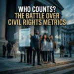 Cinematic editorial illustration in the style of modern broadcast investigative journalism, captured with dramatic 35mm photography. In the center, a determined, diverse group representing marginalized communities—including an African American civil rights legal advocate in a sharp dark suit, a Middle Eastern woman in professional attire, and a Latino community organizer—stand resolute on the grand limestone steps of a federal civic hall under moody, dramatic dawn lighting. Semi-transparent, glowing holographic census questionnaire forms, demographic data grids, and floating statistical bar charts weave subtly through the air around them, symbolizing community visibility and representation. Across the top third of the composition, bold and razor-sharp text overlay reads: "WHO COUNTS? THE BATTLE OVER CIVIL RIGHTS METRICS" in crisp, modern white sans-serif typography with a warm gold accent line and a deep charcoal drop shadow, perfectly contrasted against the cool deep-navy and slate-blue architectural background for maximum legibility and visual authority.