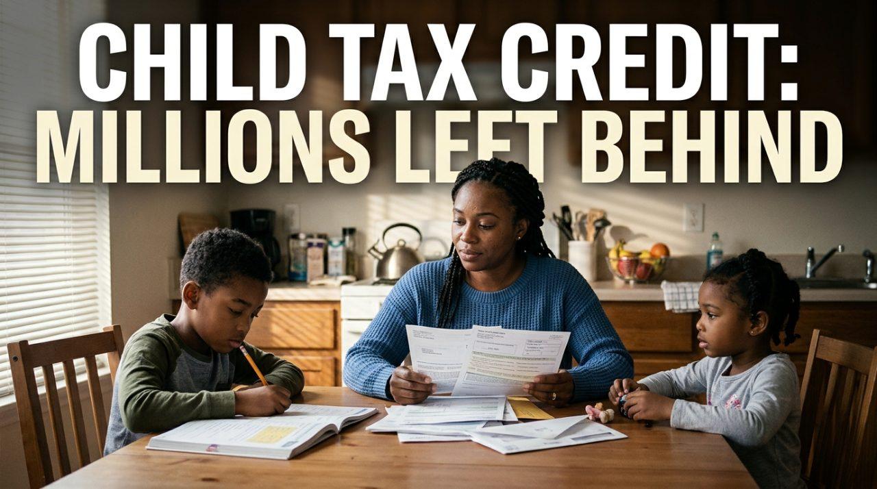 Cinematic, photorealistic editorial news illustration capturing an African American mother sitting with her two young school-aged children at a modest wooden kitchen table. The mother looks over household bills and tax paperwork with a resilient, contemplative expression, while one child works on homework and the other plays quietly beside her. The setting is bathed in warm, soft afternoon sunlight streaming through apartment window blinds, creating subtle dramatic shadows and highlighting the emotional weight of financial strain. Modern investigative journalism aesthetic, captured with an 85mm portrait lens, featuring a shallow depth of field and soft background blur. Positioned across the upper third on a darkened, out-of-focus background area is a bold, high-contrast text overlay in clean, modern sans-serif typography reading: "CHILD TAX CREDIT: MILLIONS LEFT BEHIND". The text is styled in crisp stark white lettering with a subtle deep slate drop-shadow and a fine amber accent underline, ensuring maximum contrast and broadcast-quality readability.