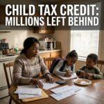Cinematic, photorealistic editorial news illustration capturing an African American mother sitting with her two young school-aged children at a modest wooden kitchen table. The mother looks over household bills and tax paperwork with a resilient, contemplative expression, while one child works on homework and the other plays quietly beside her. The setting is bathed in warm, soft afternoon sunlight streaming through apartment window blinds, creating subtle dramatic shadows and highlighting the emotional weight of financial strain. Modern investigative journalism aesthetic, captured with an 85mm portrait lens, featuring a shallow depth of field and soft background blur. Positioned across the upper third on a darkened, out-of-focus background area is a bold, high-contrast text overlay in clean, modern sans-serif typography reading: "CHILD TAX CREDIT: MILLIONS LEFT BEHIND". The text is styled in crisp stark white lettering with a subtle deep slate drop-shadow and a fine amber accent underline, ensuring maximum contrast and broadcast-quality readability.